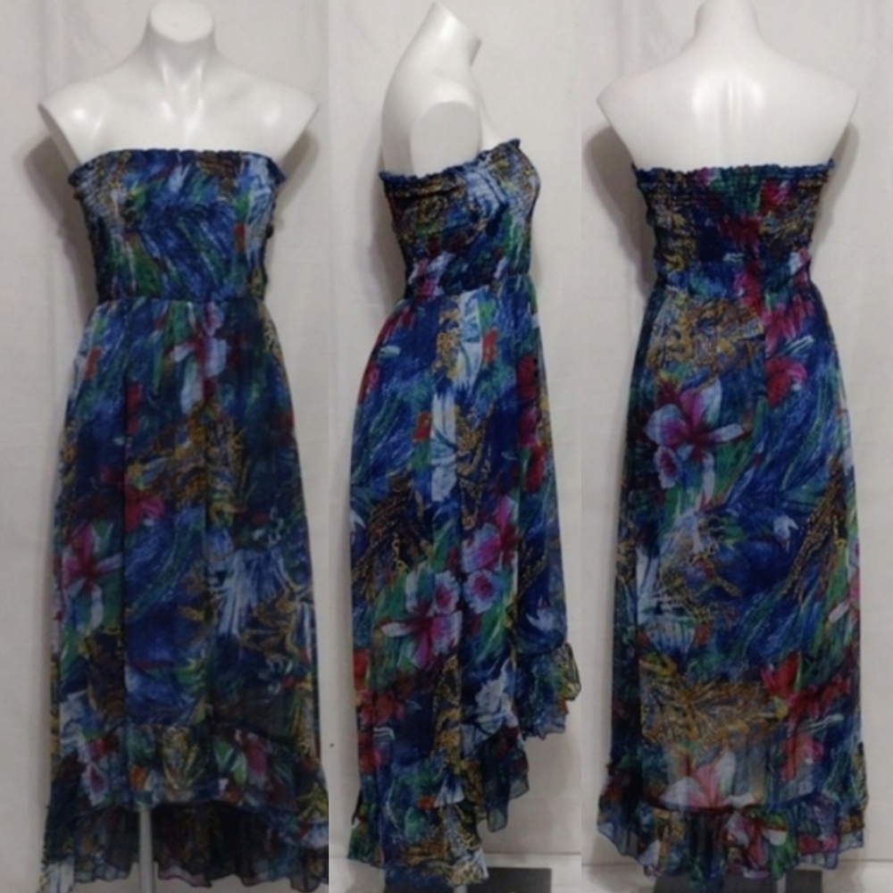 Mlle Gabrielle Boho Tropical Print Strapless Smocked High-Low Maxi Dress Medium
